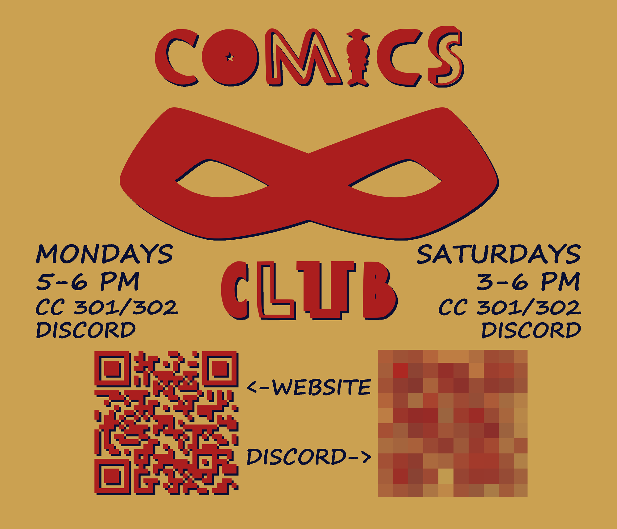 A poster with the 2020 logo for Allegheny College's Comics Club alongside information about club meetings and QR codes to relevant sites.