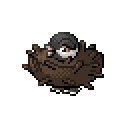 A sprite of Cozidee, a chickadee inspired Fakemon that I designed based on my alma mater's Art-tober 2021 prompt list.