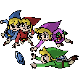 A large sprite of the four Links from the Legend of Zelda:  Four Swords as they scramble for a blue rupee.