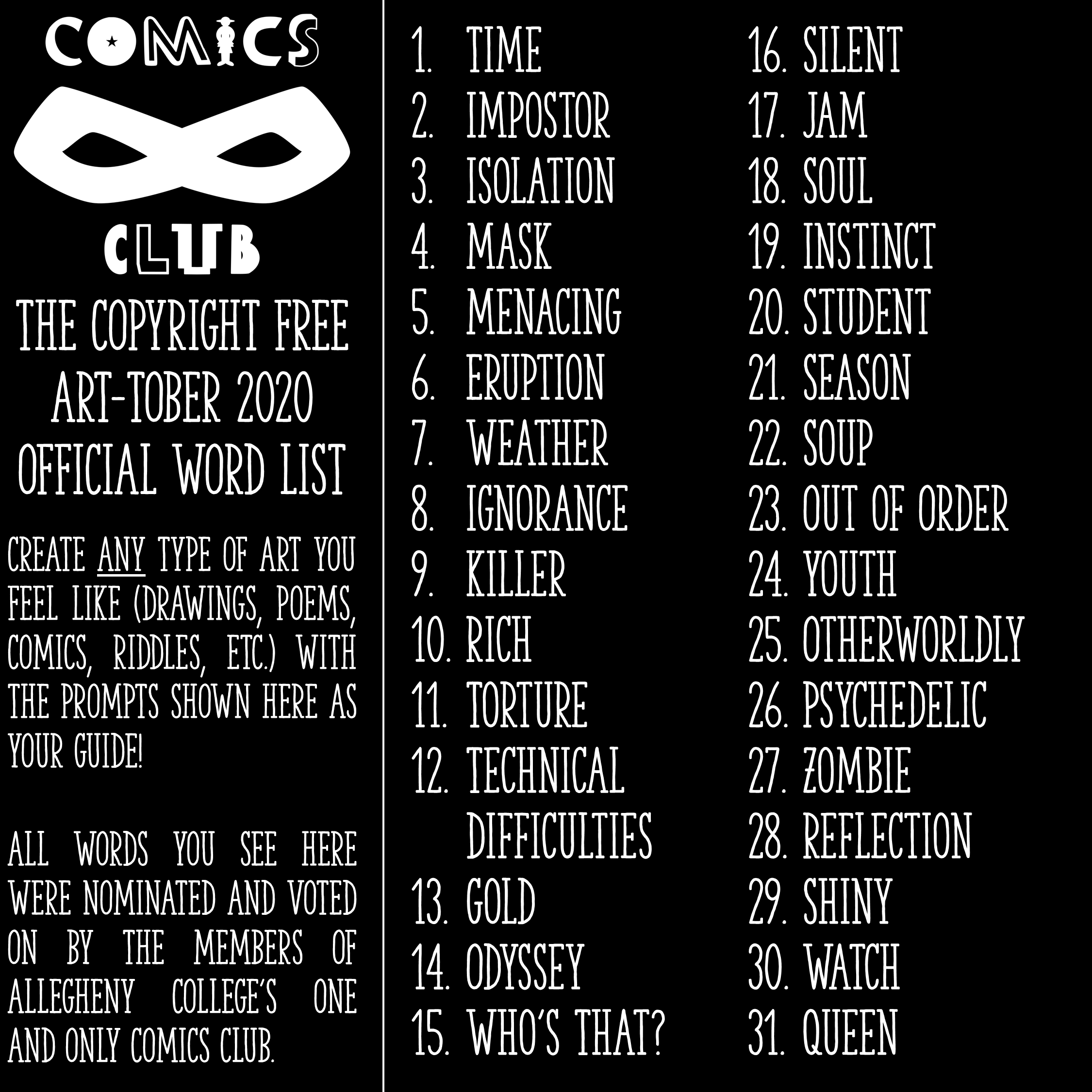A poster with the 2020 logo for Allegheny College's Comics Club alongside a description of the Art-tober event and a list of the 31 prompts.