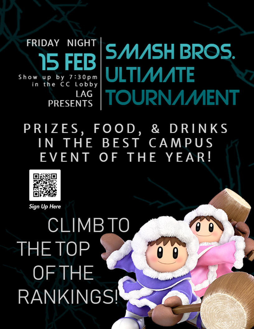A poster with the Ice Climbers render from Super Smash Bros. Ultimate alongside a caption that reads: Climb to the top of the rankings!