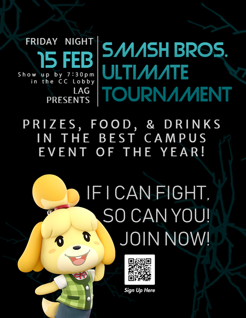 A poster with the Isabelle render from Super Smash Bros. Ultimate alongside a caption that reads: If I can fight, so can you!  Join now!