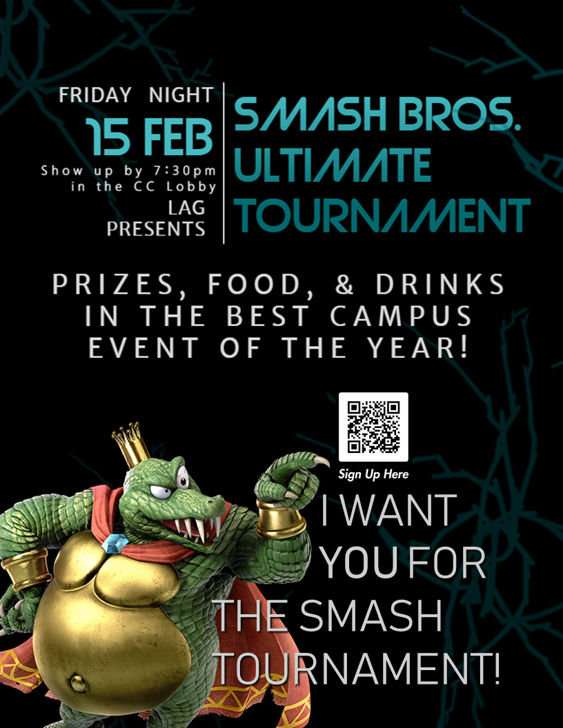 A poster with the King K. Rool render from Super Smash Bros. Ultimate alongside a caption that reads: I want you for the Smash tournament!