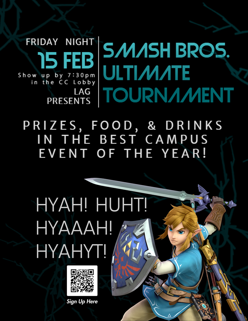 A poster with the Link render from Super Smash Bros. Ultimate alongside a caption that reads: HYAH!  HUHT!  HYAAAH!  HYAHYT!