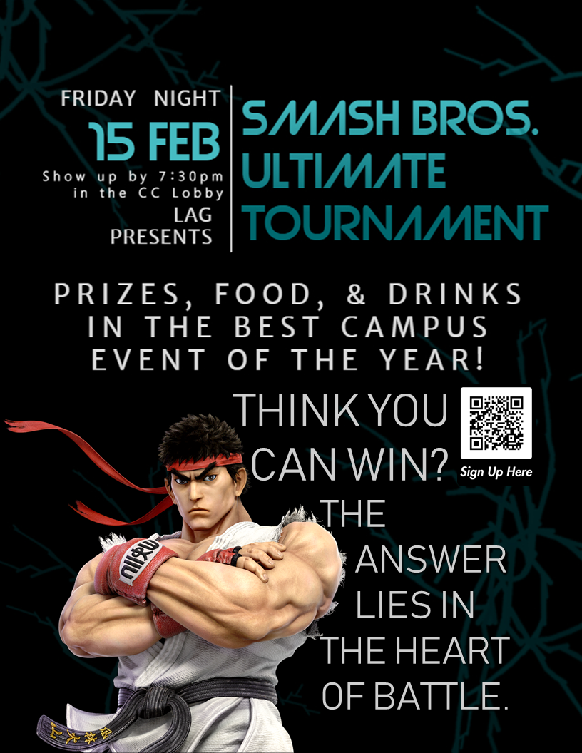A poster with the Ryu render from Super Smash Bros. Ultimate alongside a caption that reads: Think you can win?  The answer lies in the heart of battle.