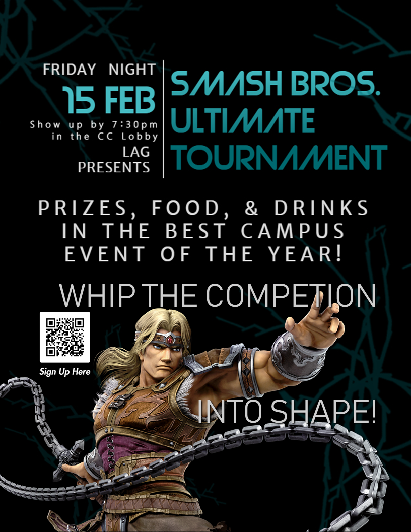 A poster with the Simon render from Super Smash Bros. Ultimate alongside a caption that reads: Whip the competition into shape!