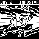 A 1-bit sprite of an impostor kill screen from the game Among Us.