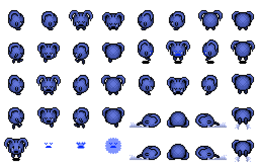 A spritesheet containing every sprite made for the character Tristitia from Emotion Commotion.