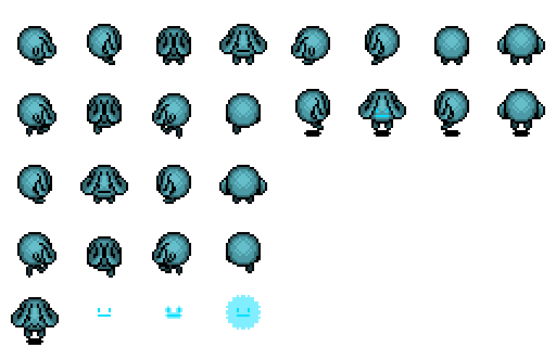 A spritesheet containing every sprite made for the character Verecundia from Emotion Commotion.