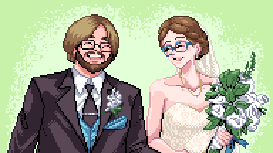 A desktop background of a wedding portrait depicting my wife and I walking with clasped hands.